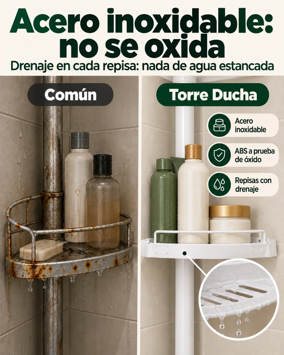 Acero inoxidable: no se oxida — Repisas con drenaje, sin agua estancada — meses en la ducha como el primer día — Común — Torre Ducha — Acero inoxidable — ABS a prueba de óxido — Repisas con drenaje